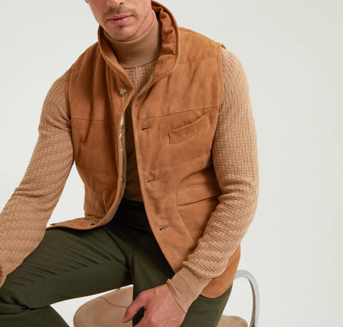 Tan brown suede leather vest - tan,