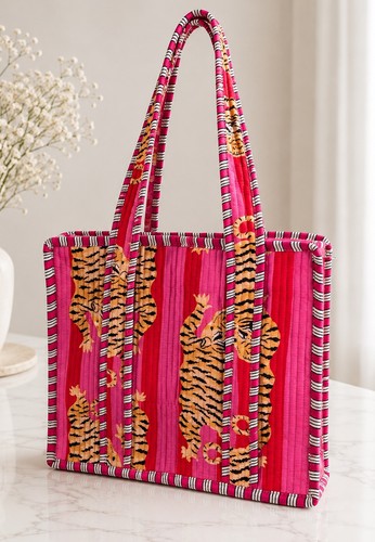Pink tiger print quilted tote - pink,