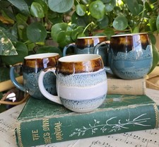 Large Coffee Tea Mugs Barrel Style Stoneware Glazed Brown Turquoise Grey X 4
