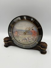 Vintage 1953 Smiths English Hunting Scene Mantle Clock Curved Glass Wooden Frame