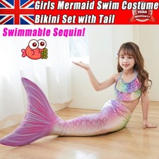 Girls Mermaid Swim Costume Bikini Set with Tail Swimmable Sequin Summer Kids UK