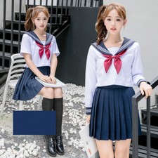 Japanese School Girl Uniform Sailor Dress Suit Blouse Pleated Skirt Cospla
