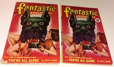 2x FANTASTIC ADVENTURES lot 1950 classic RED DOG BONDAGE COVER both USA + UK EDS
