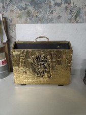 VINTAGE EMBOSSED WOOD & BRASS CLAD TWIN MAGAZINE RACK WITH HANDLE NEWSPAPER UK