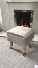 uk super footstools Pouffe in Silver plush velvet fabric with castor wooden legs