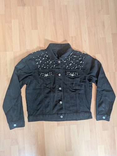 Black pearl embellished denim - black,