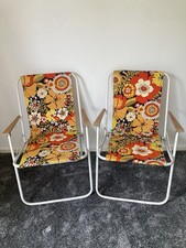 Vintage Retro 1970s Folding Garden Chairs Orange Floral Canvas & Wood Arms Pair