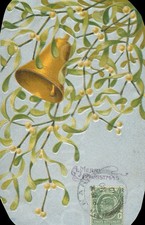 Vintage Greetings Postcard Christmas Bell Mistletoe Straits England 1910
