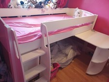  Boy or Girl Stompa Cabin bed with desk and shelves . White bed and steps. 