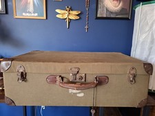 Large Vintage Suitcase 1930s 40s Hard Cased Brass Lock Leather Handle khaki 