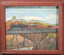 Beautiful Vintage Oil Painting of a Steam Train Locomotive in Western Landscape