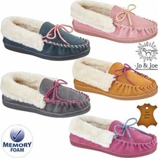 Ladies Leather Slippers Real Suede Sheepskin Fur Lined Womens Memory Foam Shoes