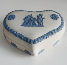 Vintage WEDGWOOD Reverse Blue On White Jasperware Heart Shaped Trinket Box