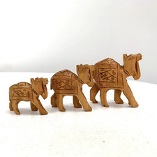 Vintage Hand Carved Wooden Camels Set of 3, Dromedary Nativity Ornament 2.5"