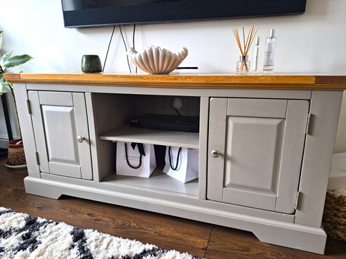 Grey wood stand with - tv,