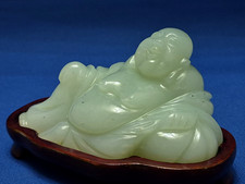 Chinese Hand Carved Jade smiling / laughing Buddha figure on fitted Wooden Stand