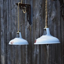 Vintage Standard Coolicon Small White Enamel Pendant Braided Down Light Pair