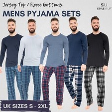Mens Long Sleeve Pyjamas set Cotton Rich Top Brushed Fleece bottoms Top Pant PJs