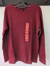 Tommy Hilfiger Thin Cable Knit Sweater Dark Red 100% Cotton Size M Ladies New