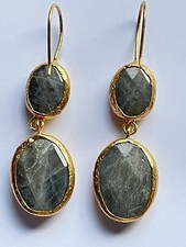 Large Faceted Labradorite Double Drop Earrings - Gold Tone (Ottoman Hands Style)