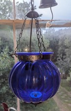 Cobalt Blue Glass Hanging Pendant Light Moroccan Boho  Lantern 90s y2k retro
