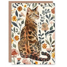 Greeting Card Cat Lover Curious Bengal in Autumn Wildflowers Birthday