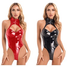 UK Womens PVC Leather Wetlook Lingerie Bodysuit Zipper Leotard Jumpsuit Clubwear