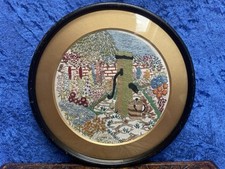 8'' Metal Framed, Hand Embroidered Cotton, Cottage Garden & Water Pump c.1920's