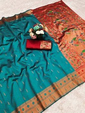 Indian Silk Woven Paithani Saree with Silk Blend Blouse Wedding Party Wear