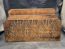 VINTAGE HAND CARVED WOOD LEAF DESIGN LETTER RACK DESK ORGANIZER MAIL SORTER