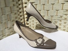 LOTUS Ladies Beige Taupe Leather Kitten Heel Court Shoes Flower Trim 38.5 UK 5.5