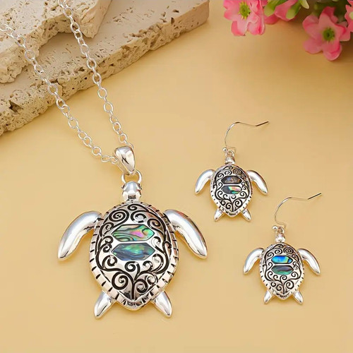 Silver tone turtle necklace - turtle,