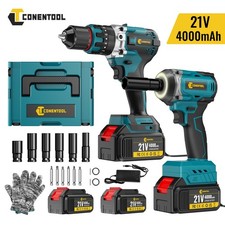 21V Cordless Drill and Impact Driver Brushless Combi Drills Set w/ 2 x Batteries