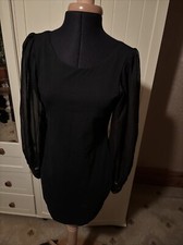AX PARIS LBD Micro Mini Dress Size 12 Black Stretch Jersey Long Chiffon Sleeve
