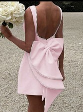 Backless Big Bow Pearl Design Sleeveless Dress, Small size 8