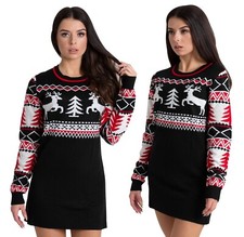 Ladies Christmas Jumper Womens Party Xmas Novelty Knitted Tunic Retro Red Dress