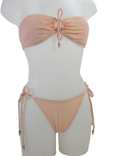 Myla Bikini Gingham Peach O Ring Bandeau Top Tie Side Bottoms size M L