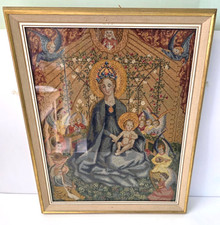 Framed Needlework picture of Madonna in the Rose Bower from 15th C Painting.
