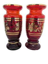Vintage Red Glass Vase Gold Flower Pattern Rim x 2