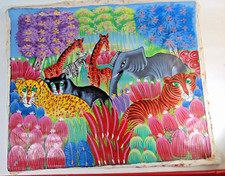 Haitian Art Oil On Canvas Jungle Scene with Animals Signed Frantz Haiti Painting