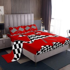 Racing Car Flag Bed Sheet Set Twin Size,Kids Race Car Extreme Sports Themed S...