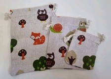 3 X Linen Drawstring Bags, Fox, Owl, Woodland, Storage, Gift, Birthday,New