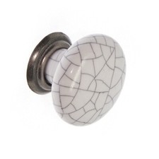 10 x White Crackle Glaze / Pewter Base Kitchen Cupboard Door Knobs 35mm dia.