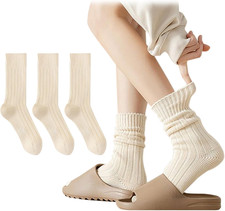 3 Pairs Slouch Socks for Women Beige Cotton Cute Knit Aesthetic Crew Socks Breat