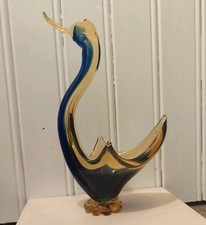 Vintage Hand-Blown Glass Bird Duck Figurine Murano Style Blue and Amber 