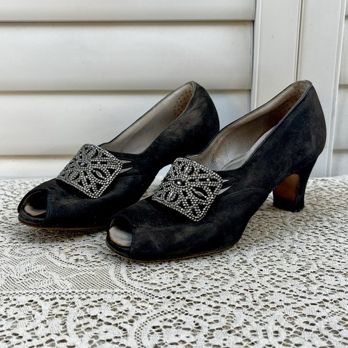 Vintage 1940s black suede peep - black,
