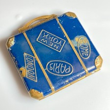 Vintage Art Deco Blue Enamel Powder Compact Paris London Travel Suitcase 1930s