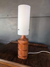 Vintage 1960s Danish Carved Teak Table Lamp  & White Tube Shade Brutalist Tribal