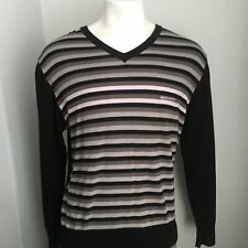 ROCKPORT JUMPER Knit Black Grey Stripe LARGE 100% Cotton V neck warm