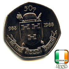 An IRISH 1988 FIFTY PENCE 50p 'Dublin Millennium' coin, 37 Years Old!